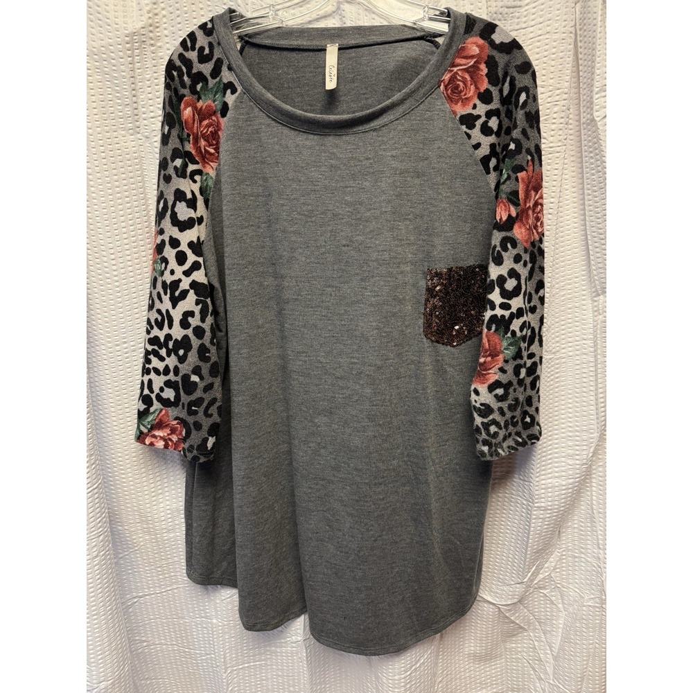Celeste Women's Leopard Rose‎ Gray Raglan Tunic Sequin Pocket Scoop Neck XL